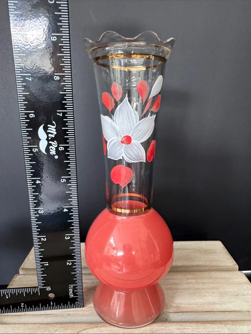 VTG Bartlett-Collins Pink Glass Bud Vase Hand Painted Floral Gold Trim MCM